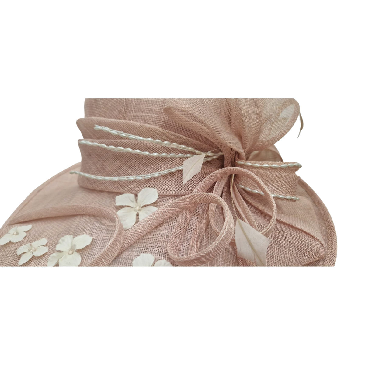 Dusty Rose Wide-Brim Sinamay Occasion Hat with Feathers & Pearls detail