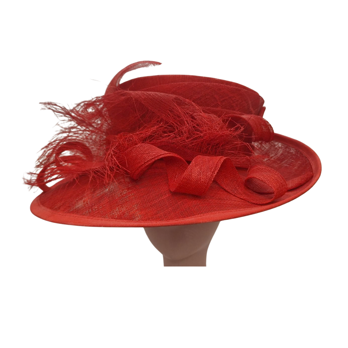 Scarlet Sinamay Occasion Hat with Feather & Sculpted Ribbon Trim front