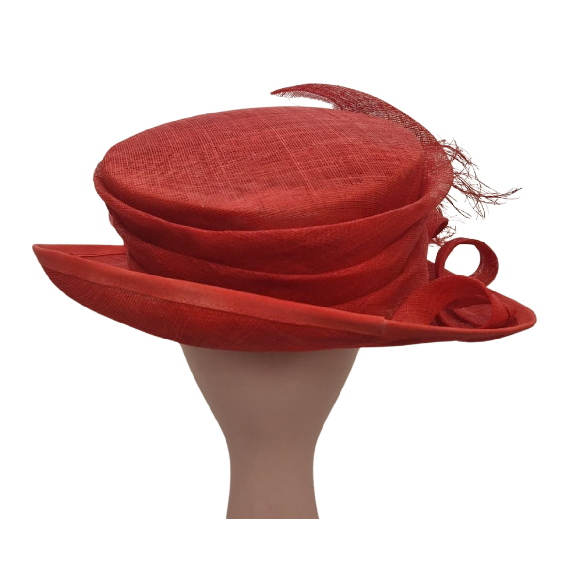 Scarlet Sinamay Occasion Hat with Feather & Sculpted Ribbon Trim back