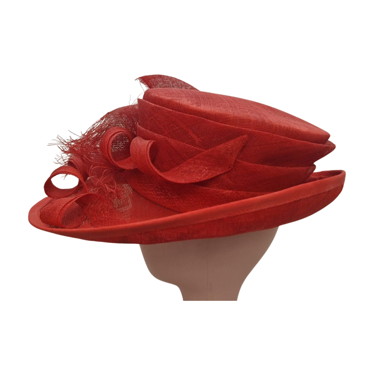 Scarlet Sinamay Occasion Hat with Feather & Sculpted Ribbon Trim side
