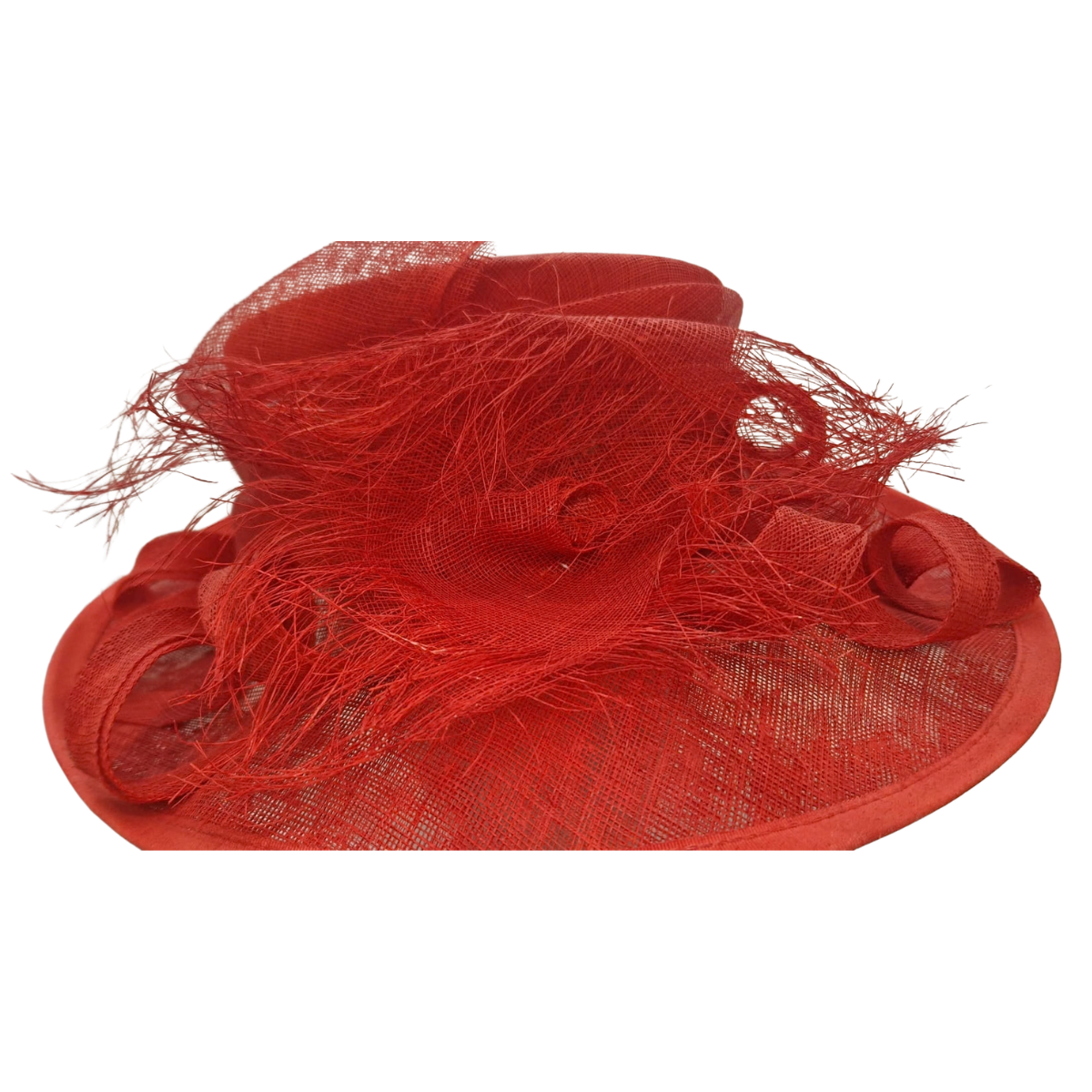 Scarlet Sinamay Occasion Hat with Feather & Sculpted Ribbon Trim close-up