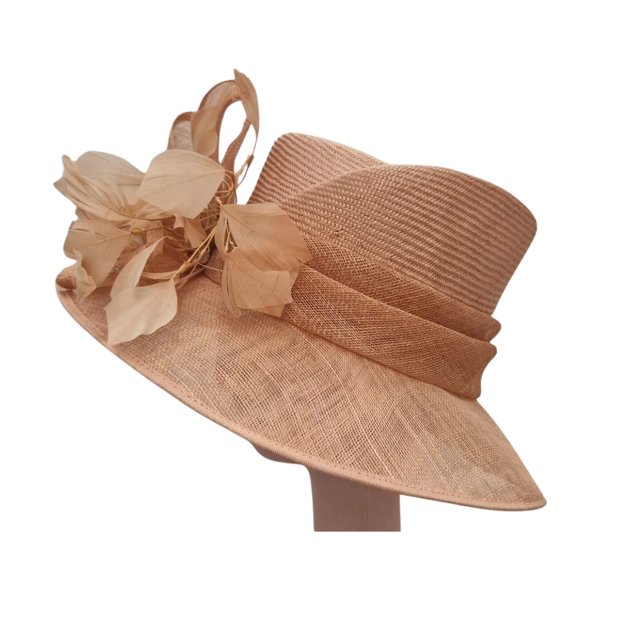 Salmon Pink Wide-Brim Sinamay Occasion Hat with Feather & Sculpted Bow Detail side