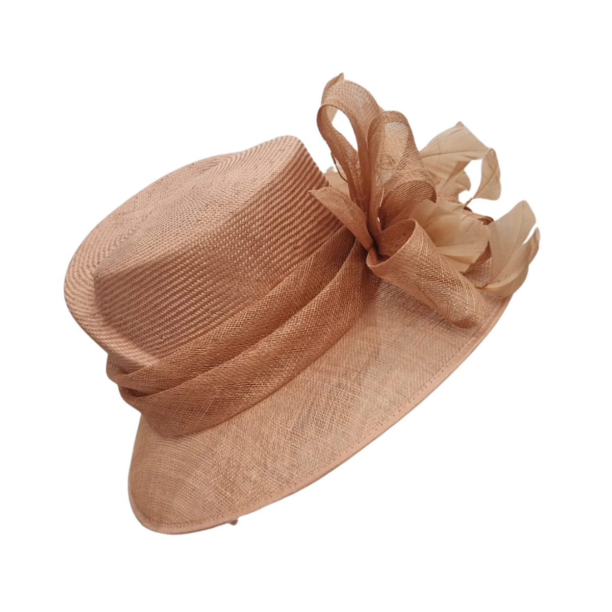 Salmon Pink Wide-Brim Sinamay Occasion Hat with Feather & Sculpted Bow Detail side