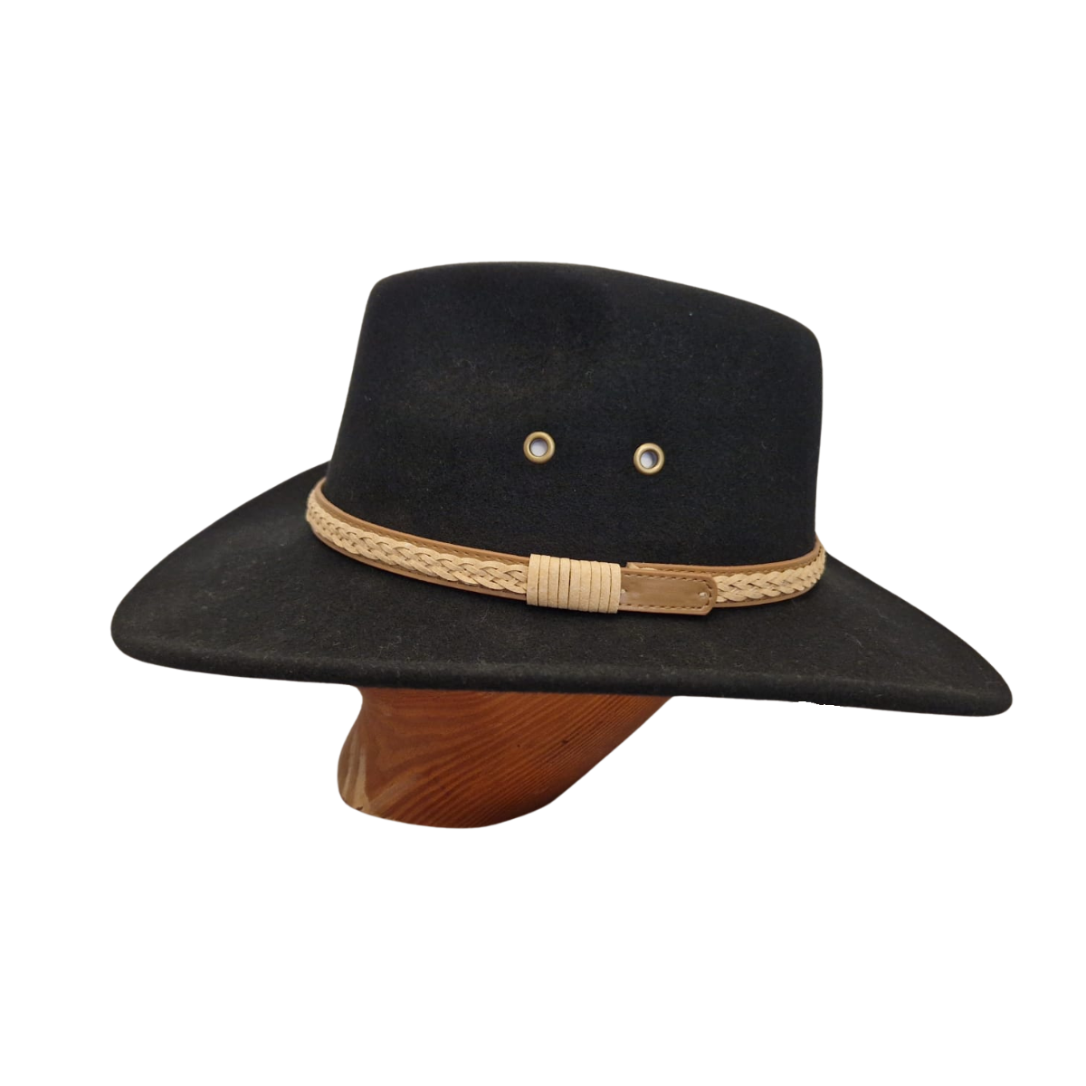 Black Wide Brim Fedora Hat with Plaited Leather Band side