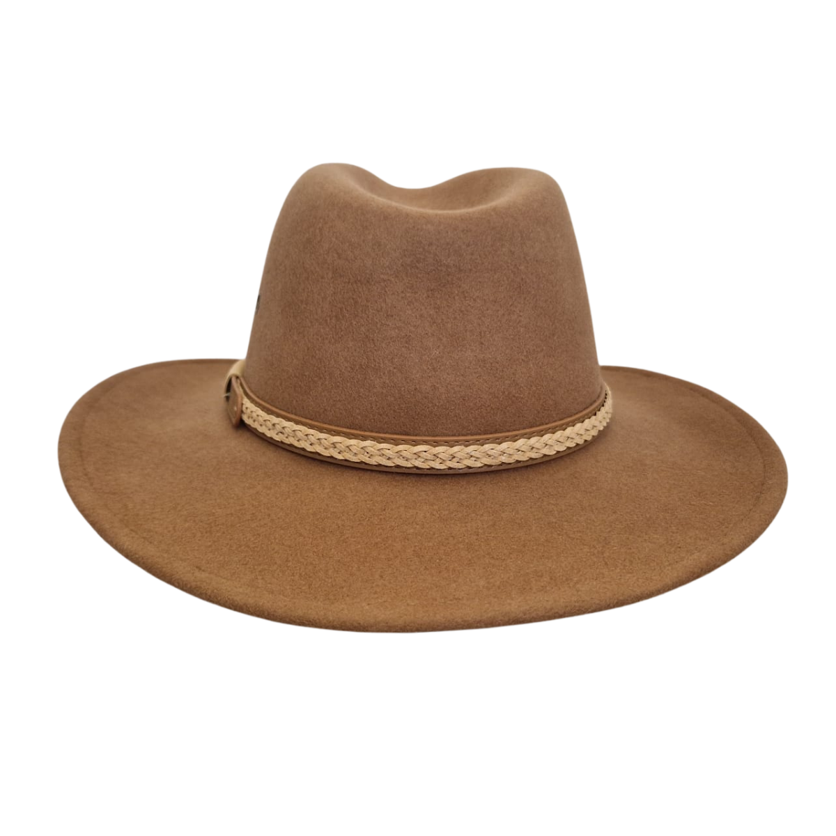 Camel Wide Brim Fedora Hat with Plaited Leather Band back