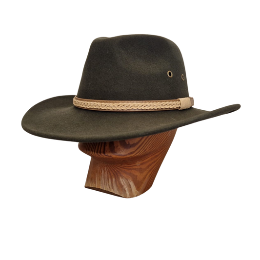 Olive Green Wide Brim Fedora Hat with Plaited Leather Band front