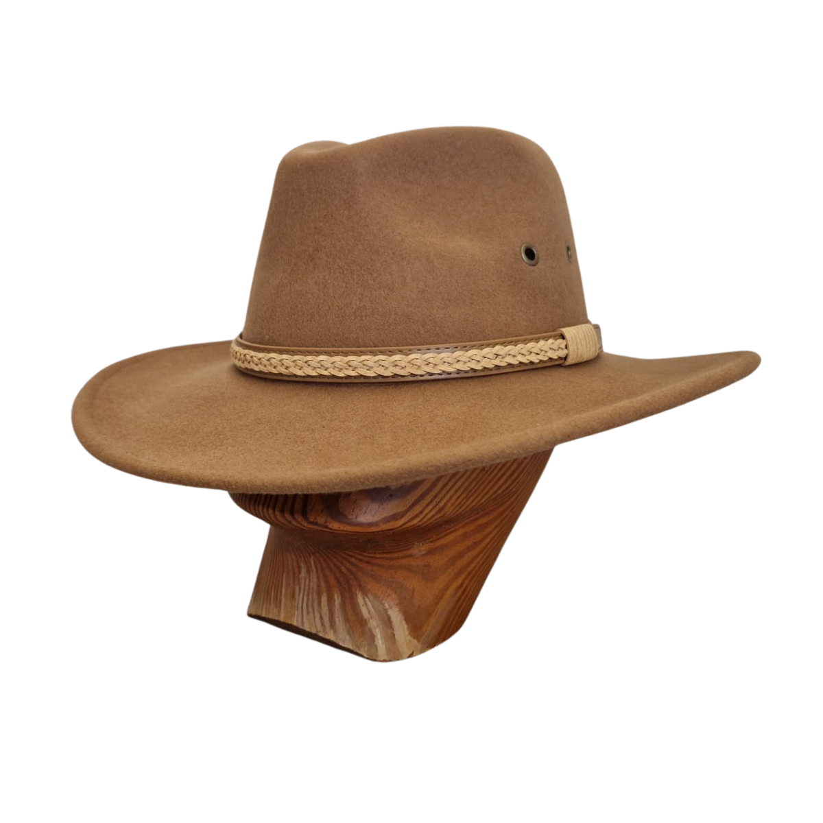 Camel Wide Brim Fedora Hat with Plaited Leather Band front