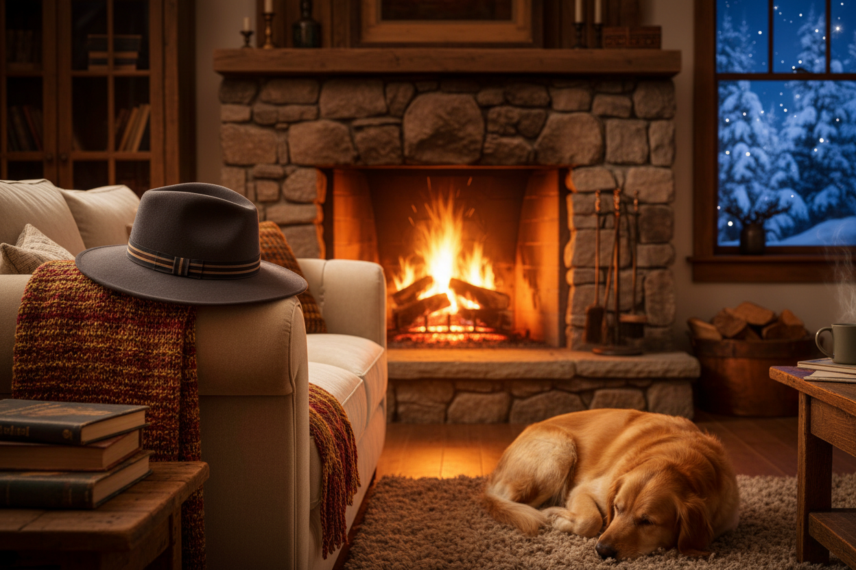 A winter fireside scene with a Fedora hat on the sofa and a dog curled up by the fireside. The focal point of the image should be on the left hand side of the image 