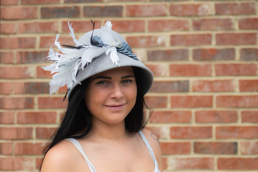 Handmade Light Grey Fur Felt Cloche Hat With Feather Mount