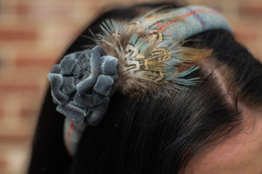 Handmade Tweed Headband With Feather And Flower Decoration