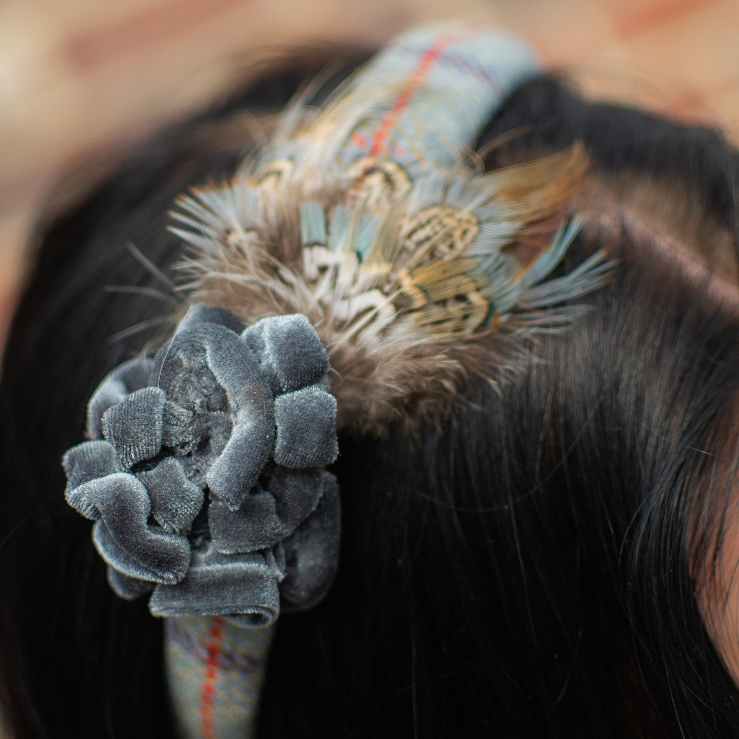 Handmade Tweed Headband With Feather And Flower Decoration