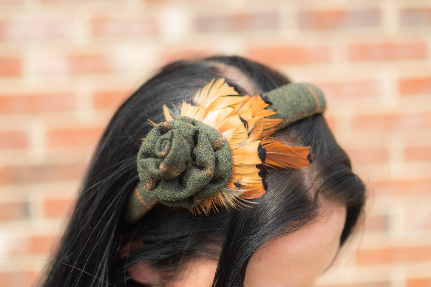 Handmade Tweed Headband With Feather And Flower Decoration