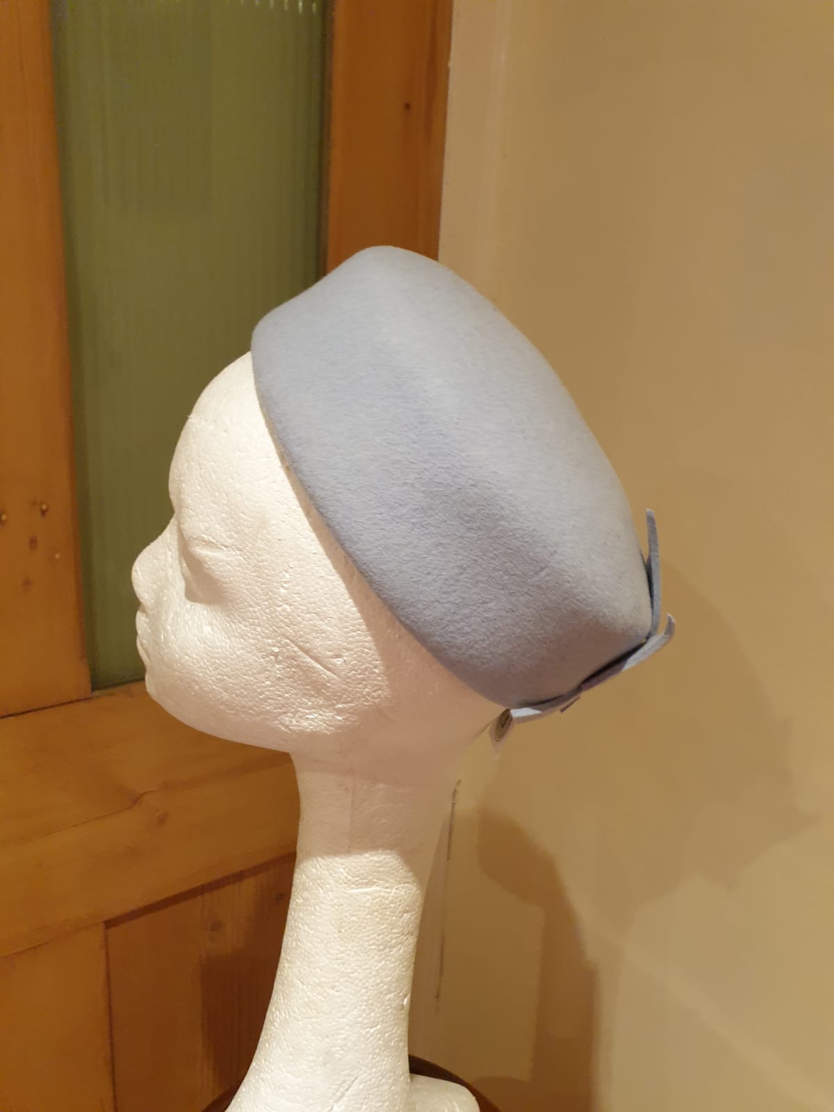 Handmade Pale Blue Felt Pillbox Hat With Entwined Leaf Decoration