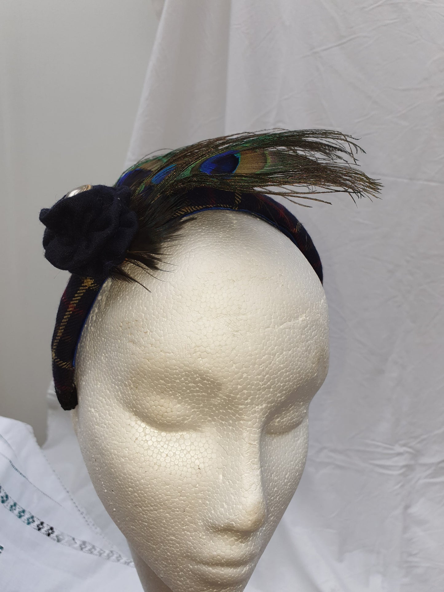 Limited Edition Navy Tweed Headband with Peacock Feather Decoration