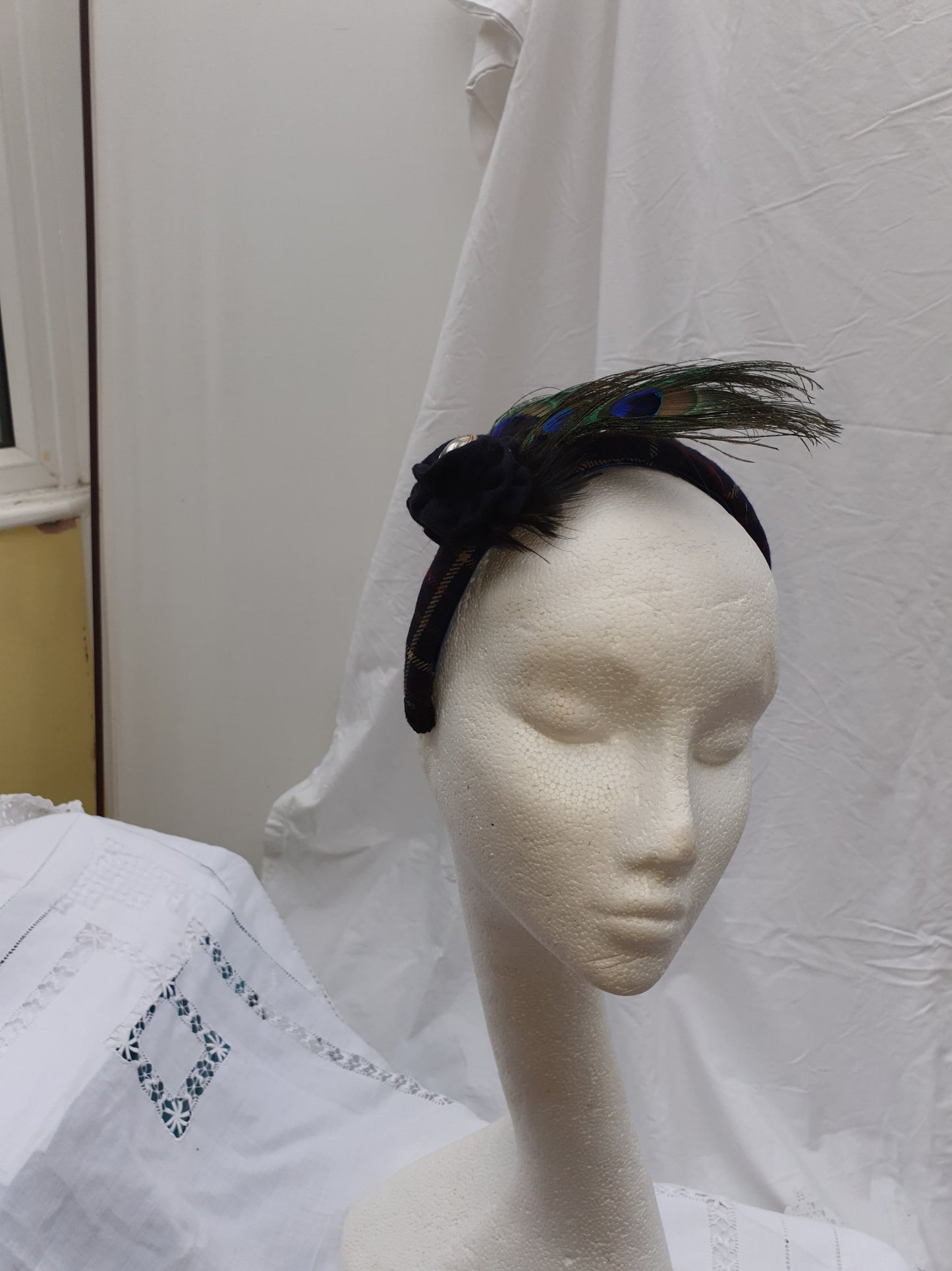 Limited Edition Navy Tweed Headband with Peacock Feather Decoration