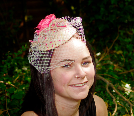 Pink Tweed Fascinator with Flower and Net Veil