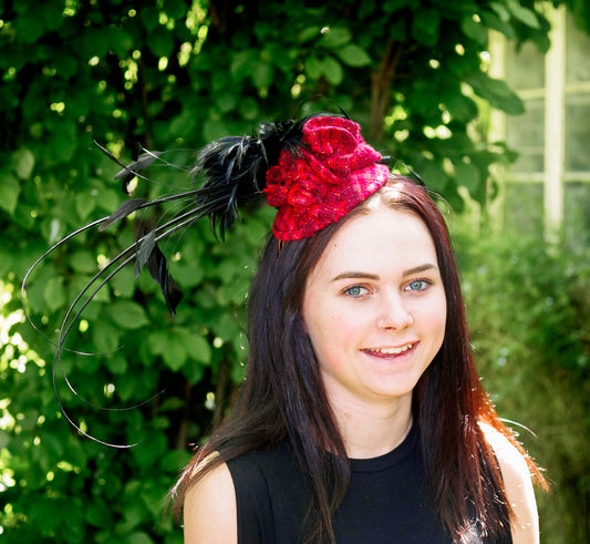 Red Tweed Fascinator with Black Plume